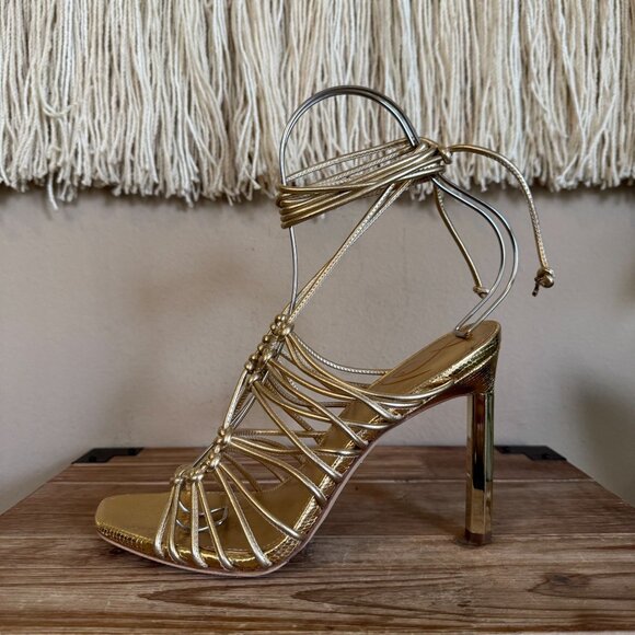 Sam Edelman Lylah Gold Metallic Open Toe Strappy Ankle Wrap High Heels Size 8.5 - Picture 6 of 15